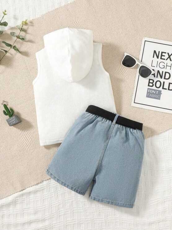 Toddler Boys Slogan Graphic Hooded Tank Top & Ripped Denim Shorts - Image 2