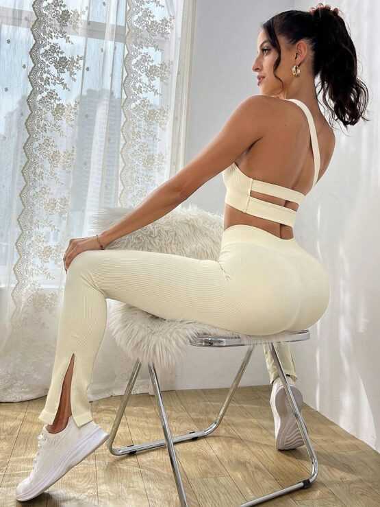 One Shoulder Asymmetrical Neck Split Hem Sports Set - Image 2