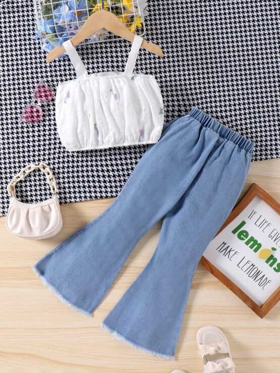 Toddler Girls Bow Front Cami Top & Ripped Raw Cut Flare Leg Jeans - Image 2