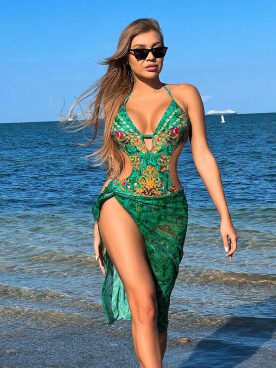 All Over Print Cut Out One Piece Bikini Swimsuit With Beach Skirt - Image 2