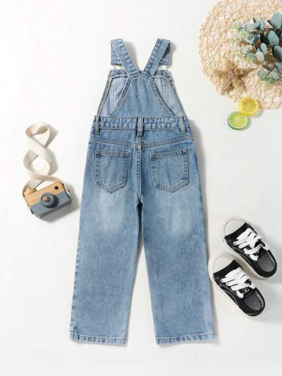Toddler Boys Ripped Frayed Patched Denim Pocket Overalls - Image 2