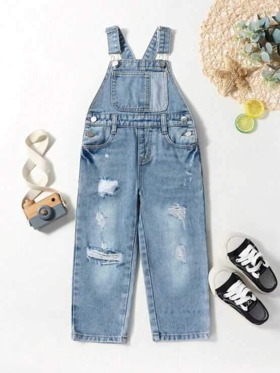Toddler Boys Ripped Frayed Patched Denim Pocket Overalls - Image 3