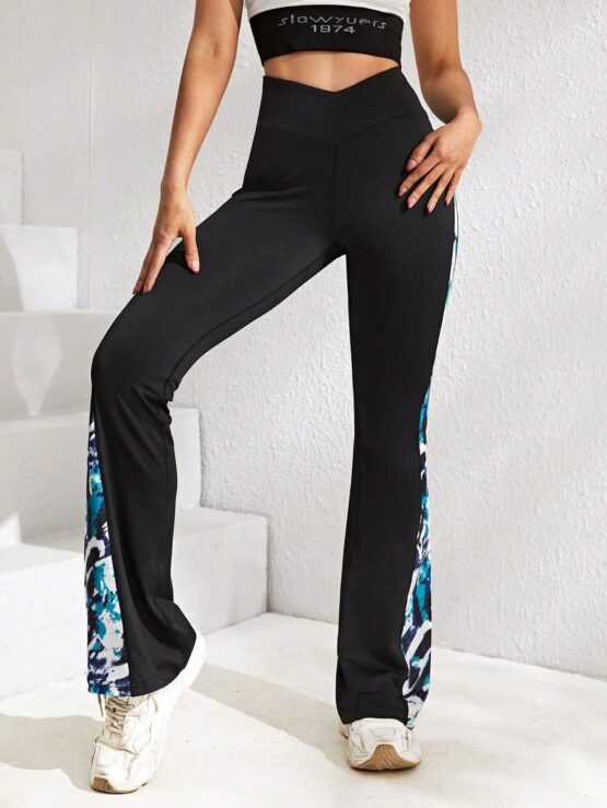 Tie Dye Print Wide Waistband Sports Flare Leg Pants - Image 2