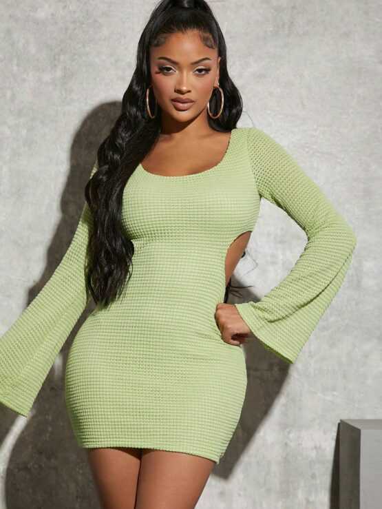 Lace Up Backless Flounce Sleeve Bodycon Dress - Image 2