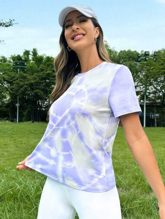Tie Dye Loose Sleeve Round Neck Sports Tee - Image 2