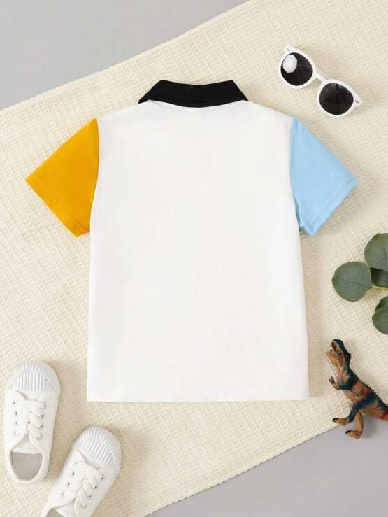 Toddler Boys Color Block Dinosaur Print Polo Shirt - Image 3
