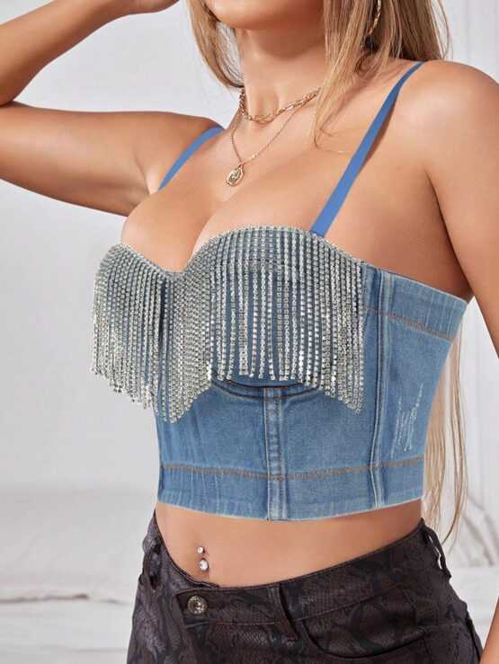 Apperloth A Rhinestone Fringe Trim Cami Denim Top - Image 3