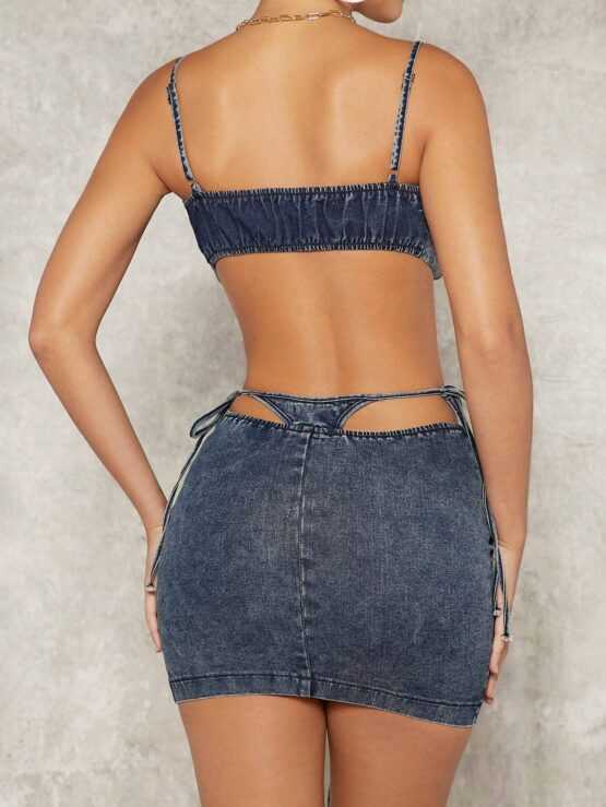 Lace Up Denim Cami Top & Cut Out Knot Waist Drawstring Ruched Skirt Set - Image 2