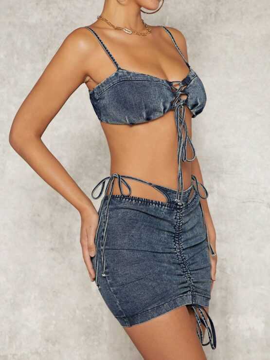 Lace Up Denim Cami Top & Cut Out Knot Waist Drawstring Ruched Skirt Set - Image 3