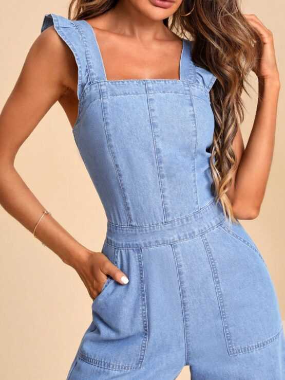 Frenchy Ruffle Trim Wide Leg Denim Jumpsuit - Image 2