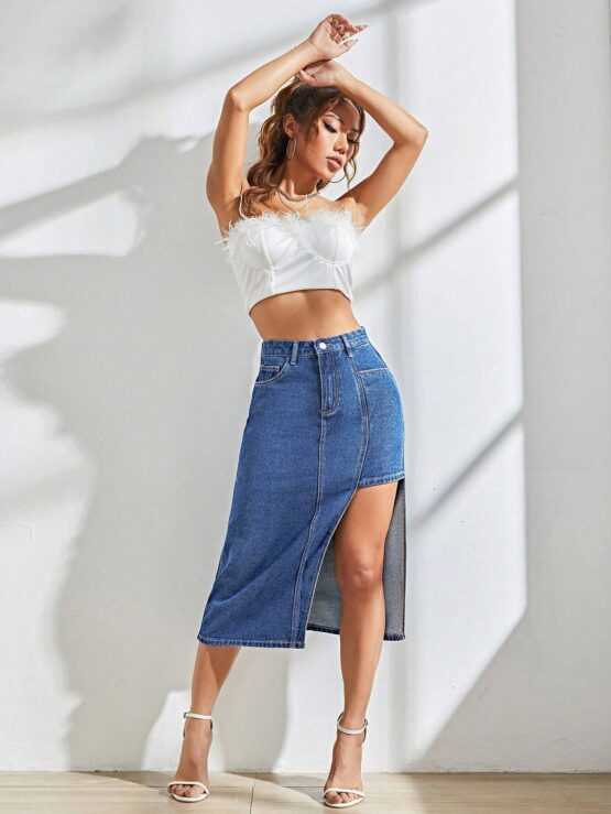 High Waist Asymmetrical Hem Denim Skirt