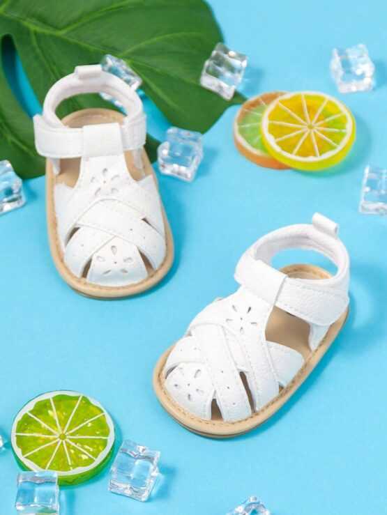 Baby Girls Litchi Embossed Hollow Out Hook-and-loop Fastener Breathable Fashion Ankle Strap Sandals
