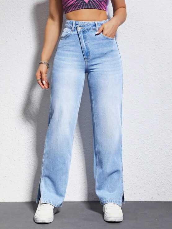 Split Hem Pocket Zipper Straight Leg Jeans