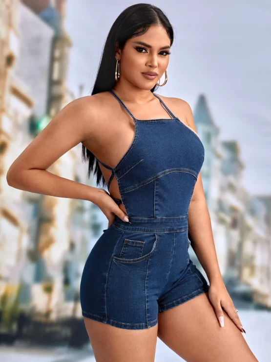 Lace Up Sexy Criss Cross Denim Back Romper