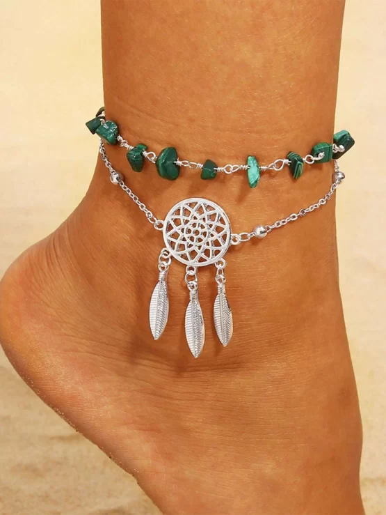 European Style Irregular Turquoise Dreamcatcher Hollow Out Double Layer Decor Anklet