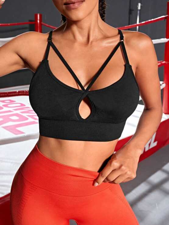 Cut Out Criss Cross Front Solid Sports Bra