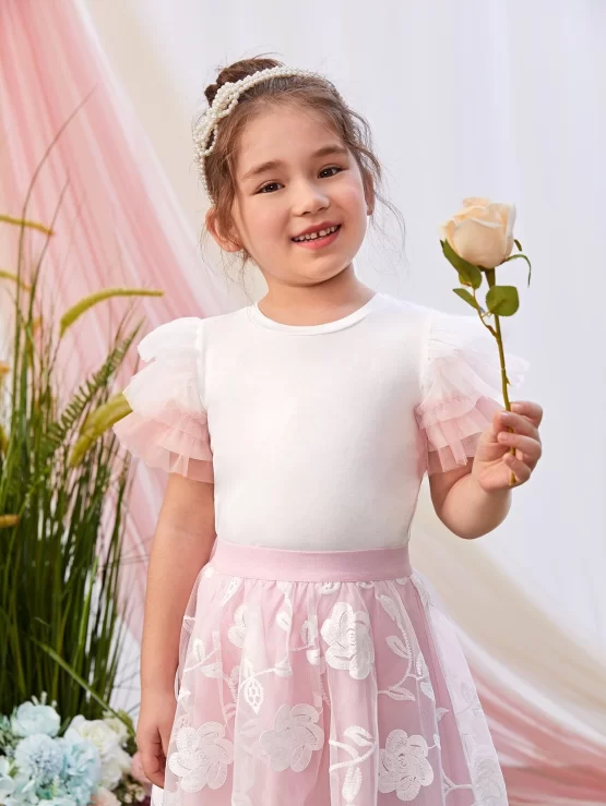 Toddler Girls Contrast Mesh Layered Sleeve Front Tee