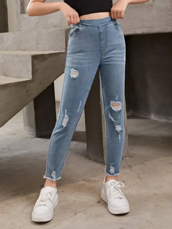 Girls Skinny Cropped Raw Hem Ripped Jeans