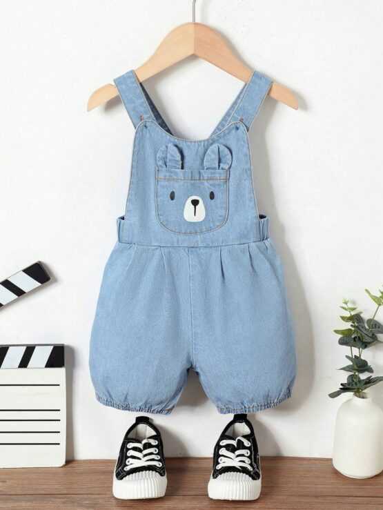 Baby Cartoon Print 3D Ear Design Denim Overall Romper