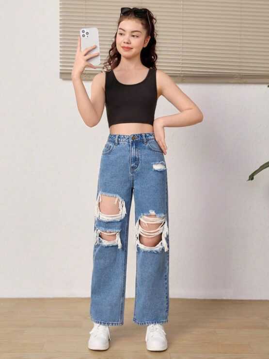 Teen Girls Ripped Zipper Straight Leg Jeans