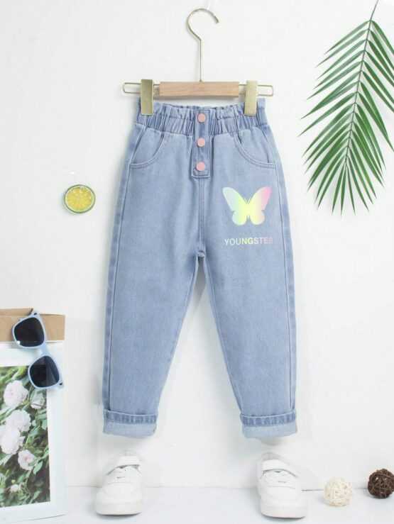 Toddler Girls Butterfly Letter Graphic Button Detail Pocket Jeans