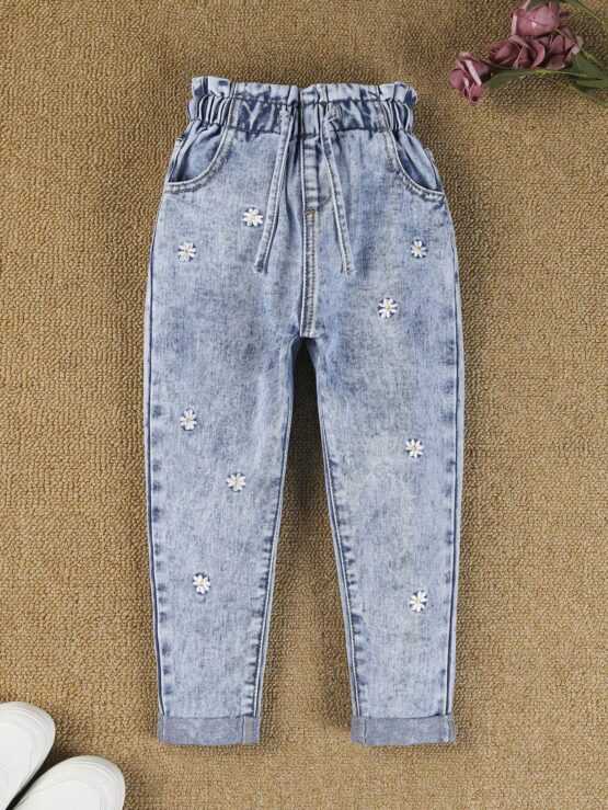 Toddler Girls Floral Embroidery Paperbag Waist Pocket Jeans