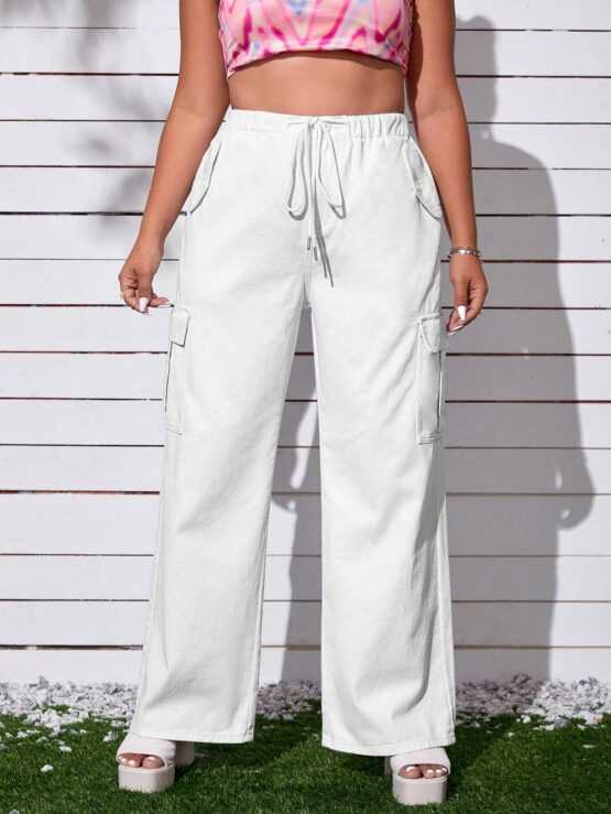 Plus Drawstring Waist Flap Cargo Pocket Jeans