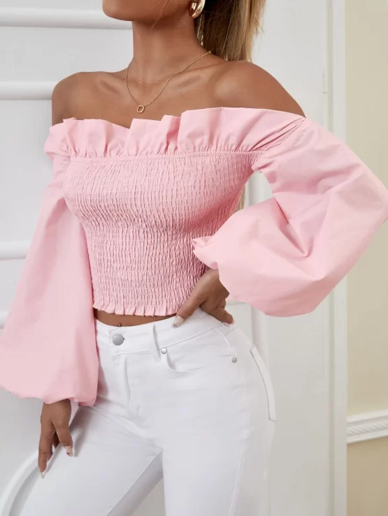 Off Shoulder Ruffle Trim Crop Shirred Blouse