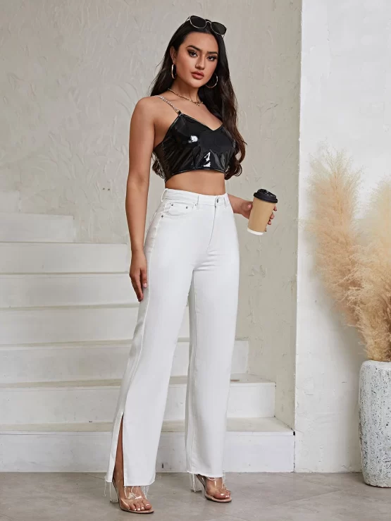 High Waist Patched Detail Split Hem Flare Leg Jeans