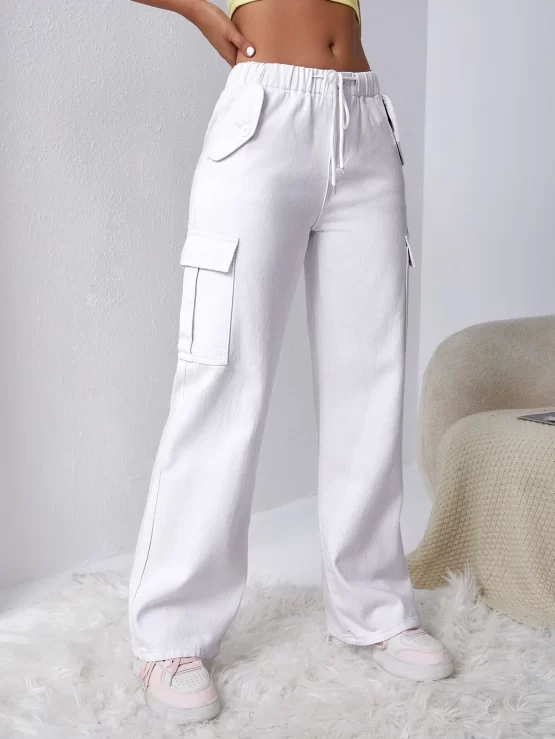 Drawstring Waist Flap Cargo Pocket Jeans