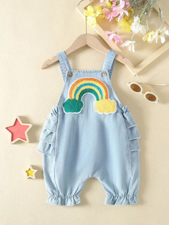 Baby Rainbow Patched Ruffle Trim Denim Overall Romper