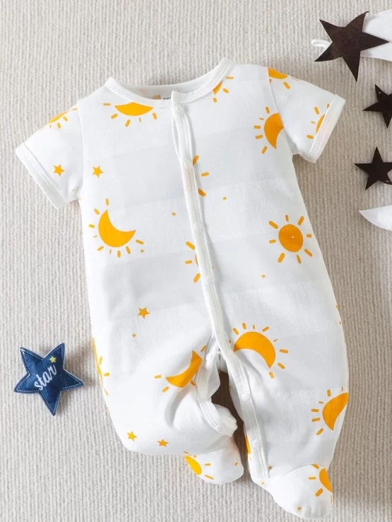 Baby Moon & Star Print Button Footed Sleep Front Jumpsuit