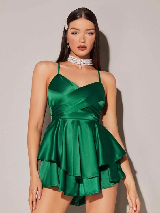 BAE Criss Cross Two Layer Hem Satin Cami Back Romper