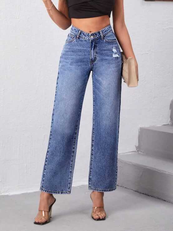 Ripped Button Pocket Zipper Fly Straight Leg Jeans