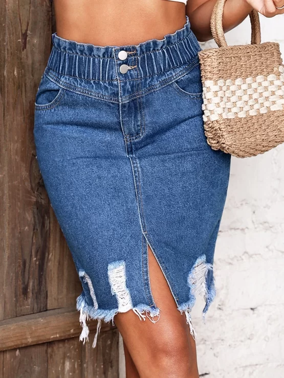 Paperbag Waist Ripped Raw Cut Split Hem Denim Skirt