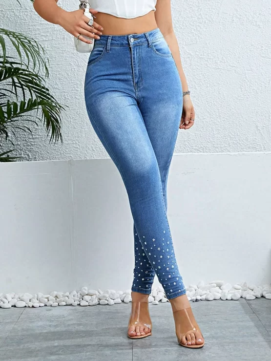 High Waist Button Pearls Beaded Skinny Jeans