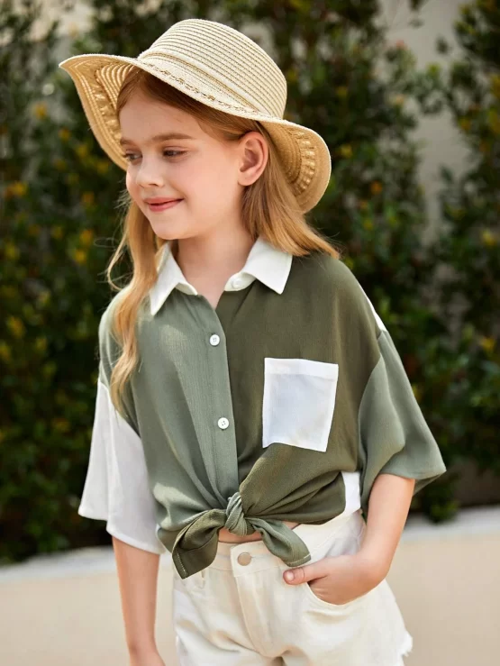 Girls Color Block Drop Shoulder Pocket Patched Sleeve Shirt