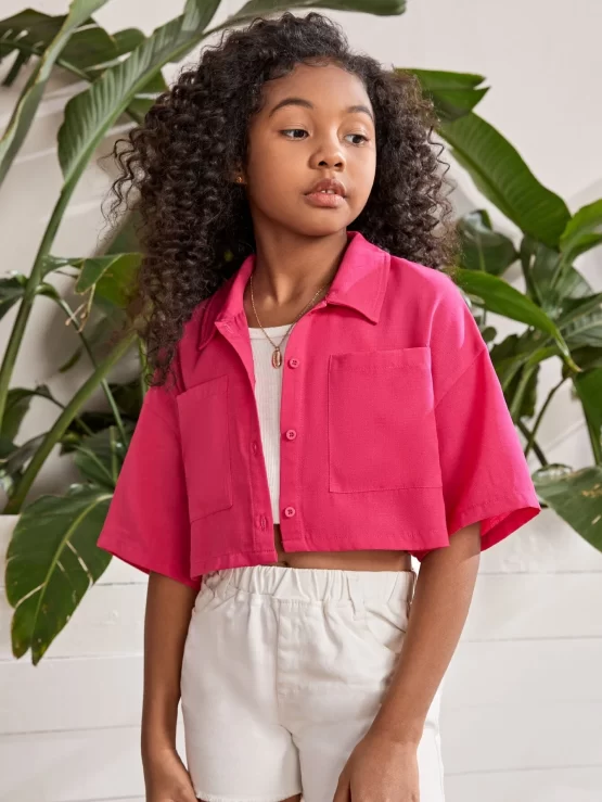 Girls Solid Drop Shoulder Crop Sleeve Shirt