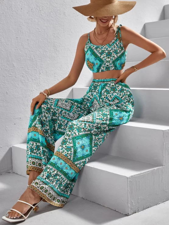 Scarf Print Crop Tank Top & Wide Leg Pants