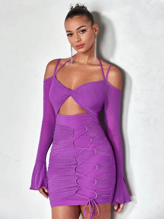 BAE Cold Shoulder Cut Out Front Lace Up Ruched Bodycon Dress