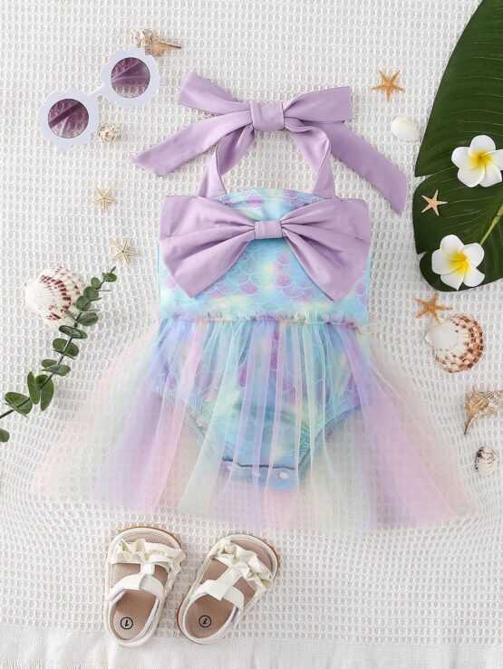 Baby Fish Scale Print Contrast Mesh Bow Halter Costume Front Bodysuit