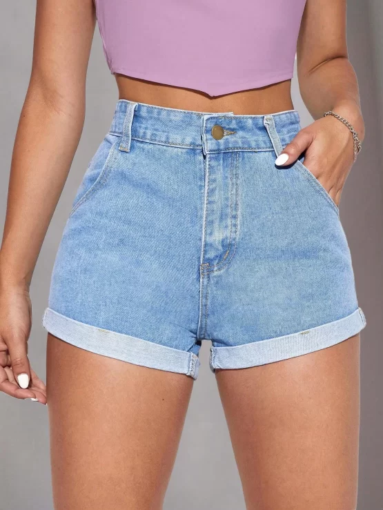 Letter Graphic Roll Up Hem Denim Shorts
