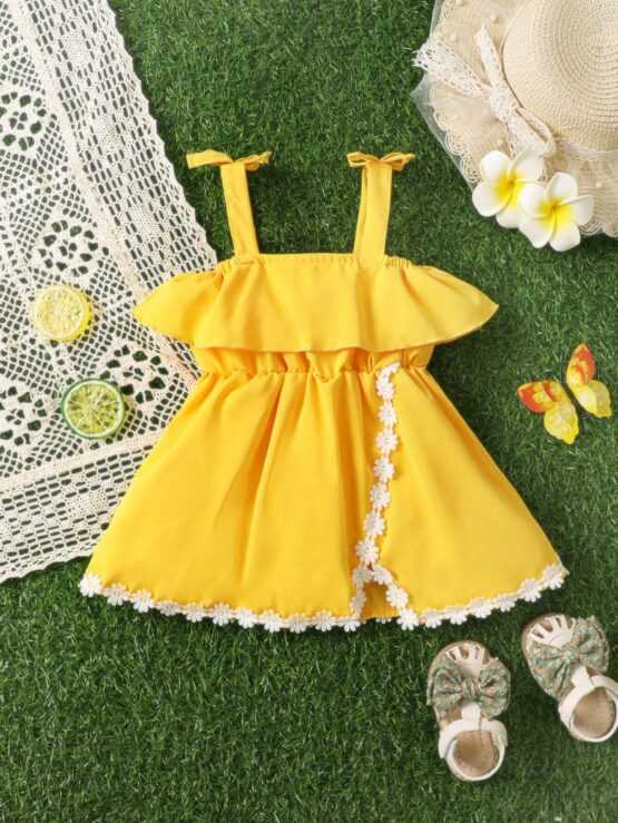 Baby Appliques Knot Ruffle Trim Cami Dress
