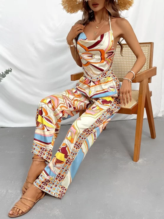 All Over Print Draped Collar Backless Halter Top & Wide Leg Pants