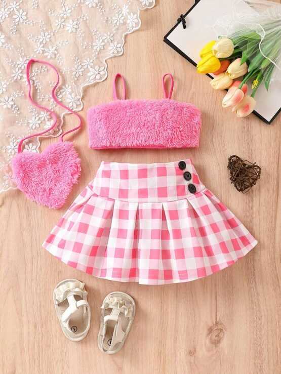 Baby Fuzzy Cami Top & Buffalo Plaid Print Pleated Skirt