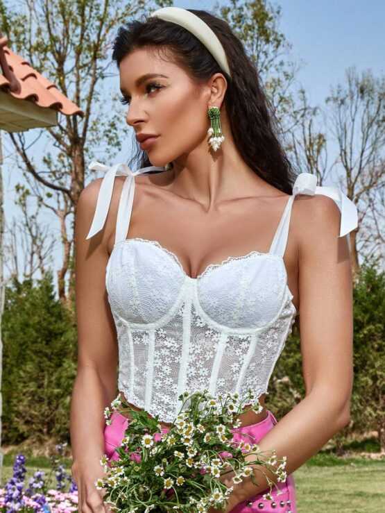 Floral Lace Up Back Curved Hem Bustier Corset Shapewear A Tie Shoulder Top