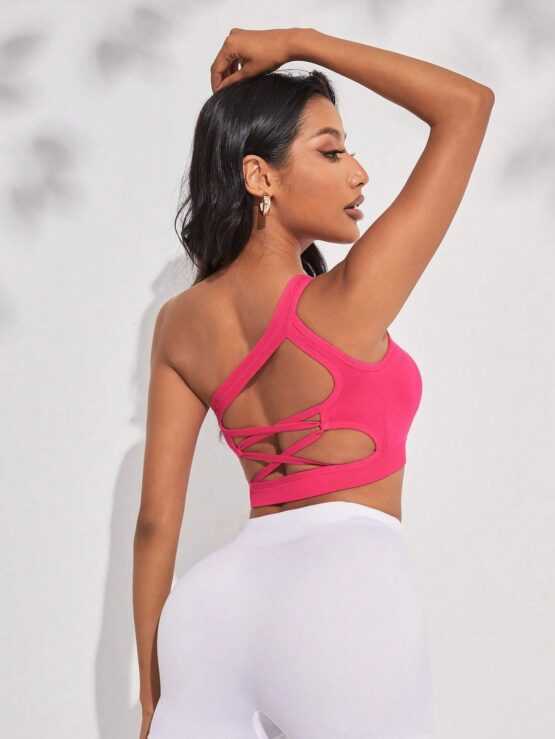 Solid One Shoulder Criss Cross Backless Sports Bra