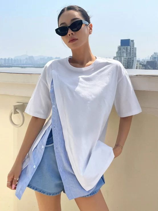 DAZY Casual Striped 2 In 1 Drop Shoulder Tee