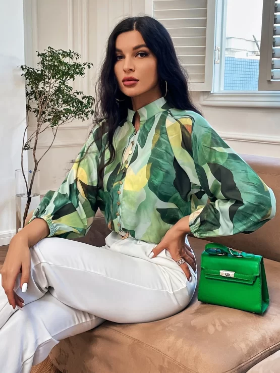 Unity Tropical Print Lantern Sleeve Blouse