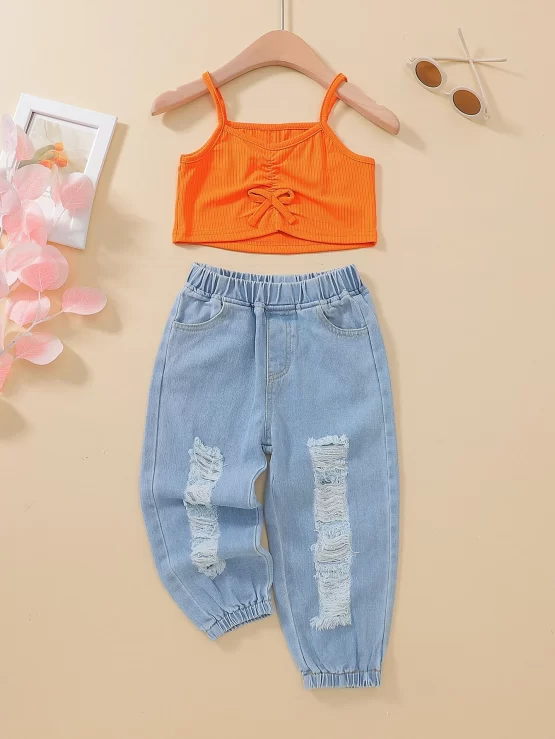 Toddler Girls Ruched Bow Front Cami Top & Ripped Jogger Jeans